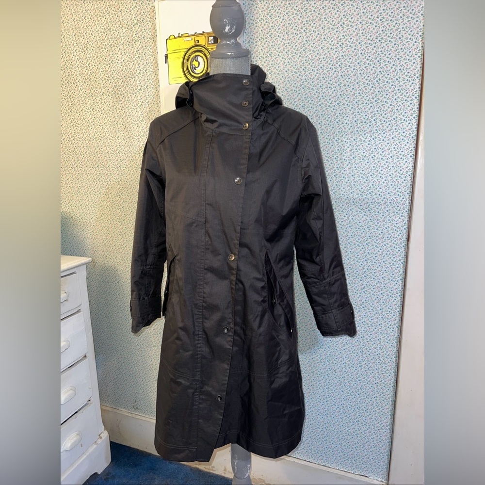 nau Women's Gray Soft Shell Long zippered Hooded Recycled Rain Trench Coat L